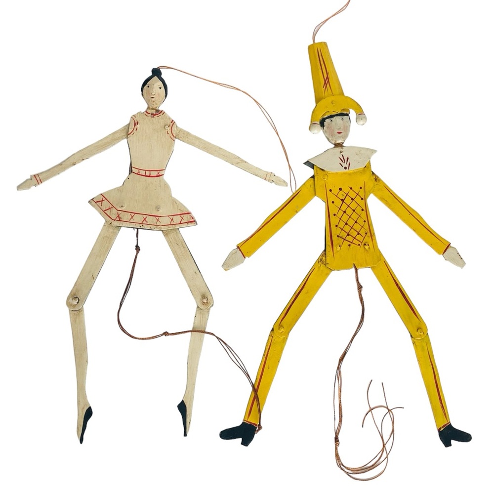 2 Jumping Jack Puppets Dual-Sided Designs, Metal Body & Carved Wooden Head AS IS